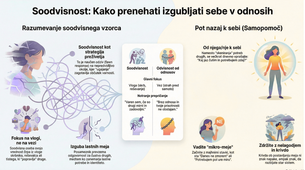Infografika o soodvisnosti in samopomoči: razlika med soodvisnostjo in odvisnostjo od odnosov, strategija ugajanja (fawn response) in postavljanje meja.